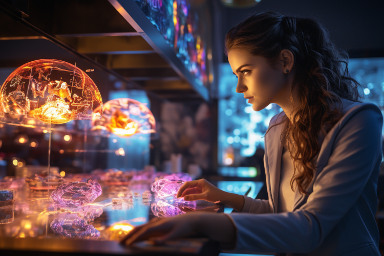A conceptual illustration of a scientist working on digital brains.