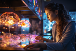 A conceptual illustration of a scientist working on digital brains.